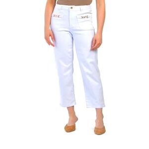 Camila Coelho Womens White Straight Leg Crop Jeans Gold‎ Chain Detail Size 2